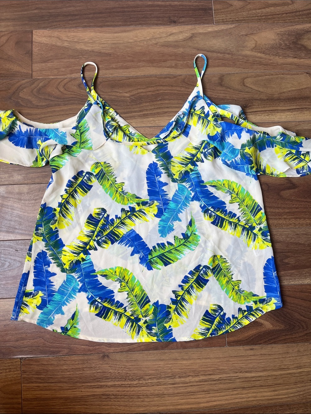 Women’s Tropical Palm Print Cold-Shoulder Tank Top - White/Blue/Green/Yellow